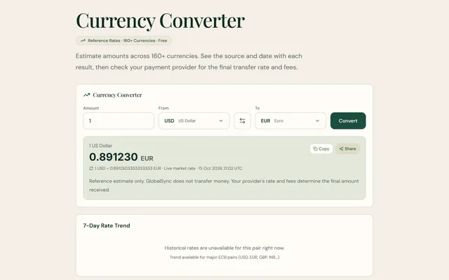 Currency Converter converting US dollars to another currency at a live rate