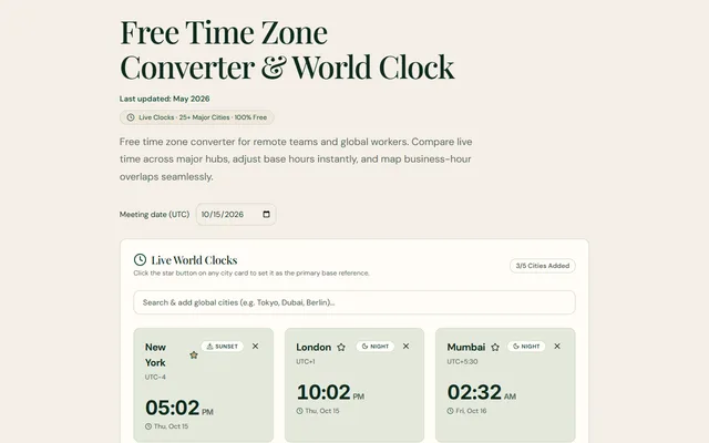 Time Zone Converter showing live clocks for several cities with working-hours status
